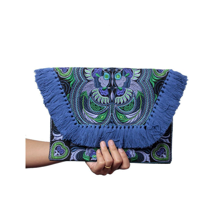 Embroidered Multi Tassel Bird Clutch Bag - Thailand-Bags-Lumily-Royal Seafoam-Lumily MZ Fair Trade Nena & Co Hiptipico Novica Lucia's World emporium