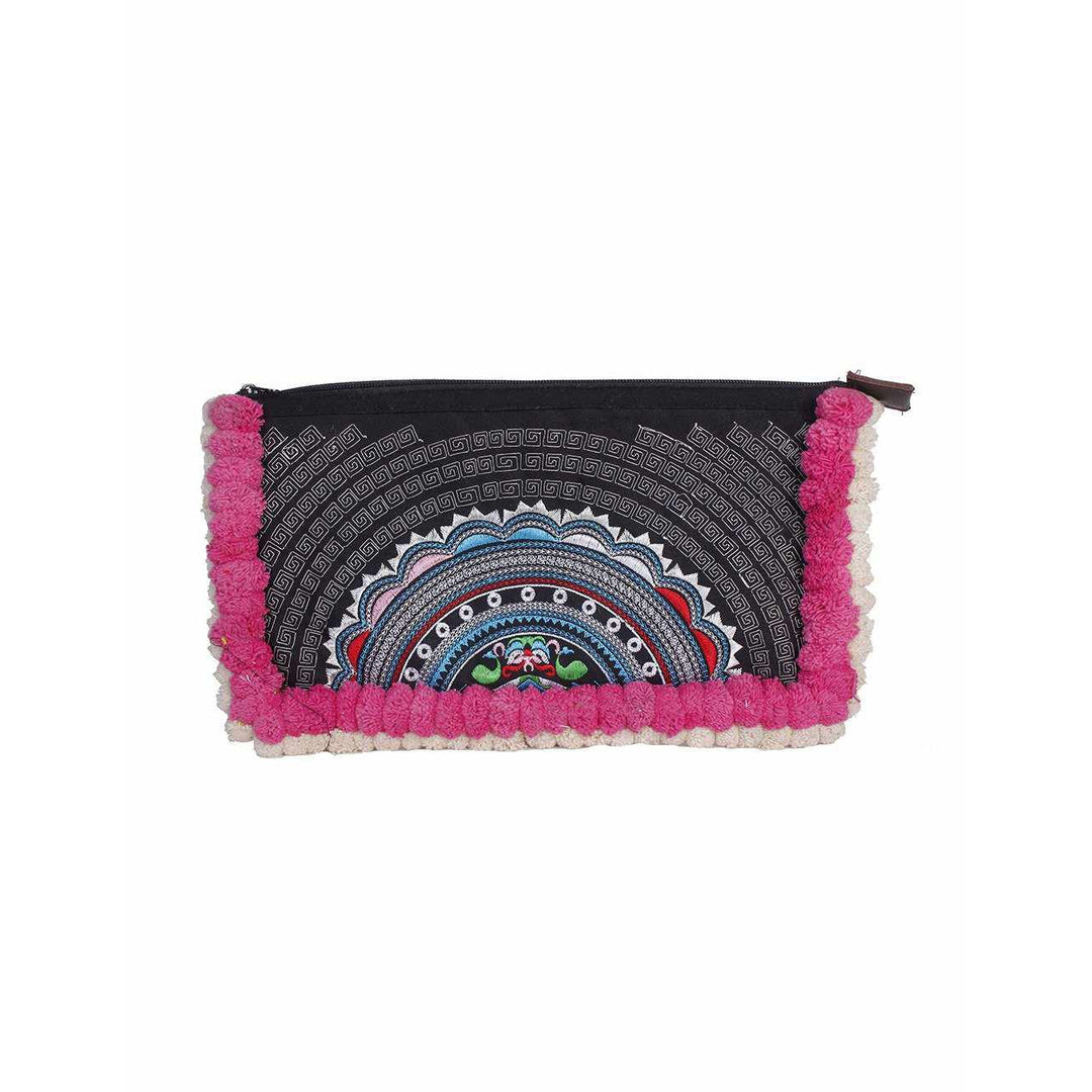 Double Pompom Embroidered Hmong Clutch - Thailand-Bags-Lumily-Black Pink-Lumily MZ Fair Trade Nena & Co Hiptipico Novica Lucia's World emporium