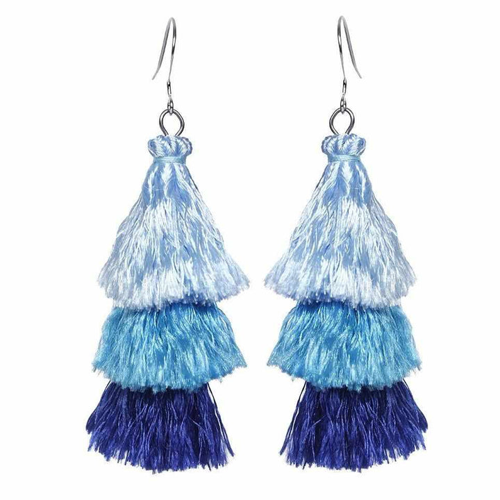 Nora Triple Tassel Silk Earrings - Thailand-Jewelry-Kannika Chimkam-Blue-Lumily MZ Fair Trade Nena & Co Hiptipico Novica Lucia's World emporium
