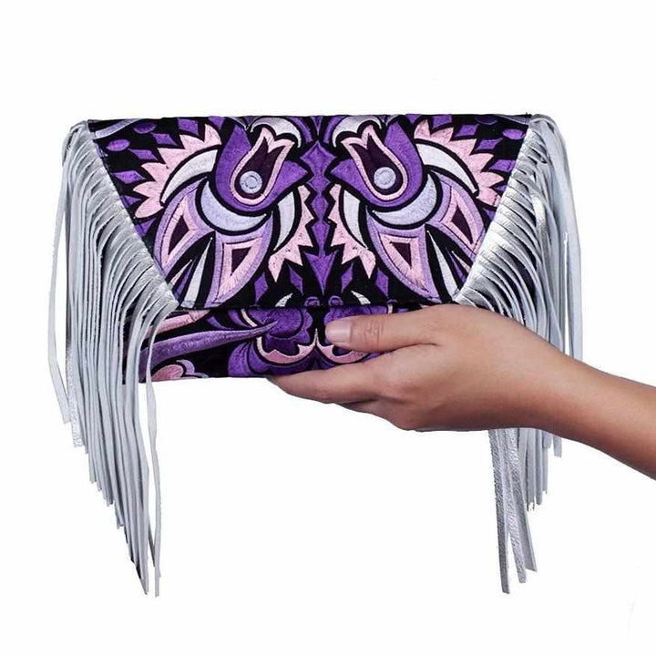 Boho Tribal Crossbody Embroidered Fringe Envelope Bag - Thailand-Bags-Lumily-Purple & Silver-Lumily MZ Fair Trade Nena & Co Hiptipico Novica Lucia's World emporium