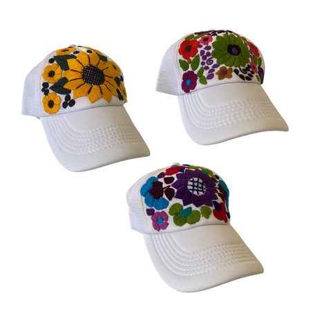 Tulum Hand Embroidered Trucker Flower Hat - Mexico-Apparel-Lumily-White Assorted-Lumily MZ Fair Trade Nena & Co Hiptipico Novica Lucia's World emporium