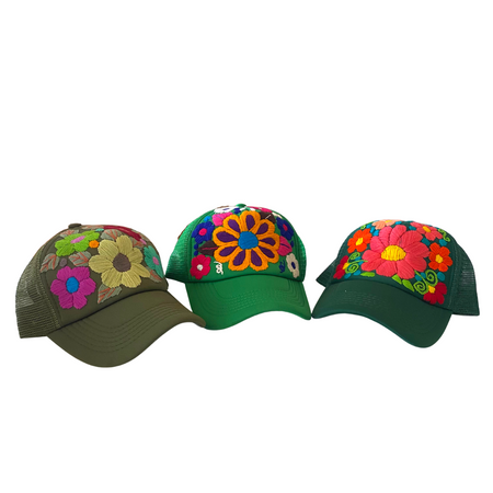 Tulum Hand Embroidered Trucker Flower Hat - Mexico-Apparel-Lumily-Green Assorted-Lumily MZ Fair Trade Nena & Co Hiptipico Novica Lucia's World emporium