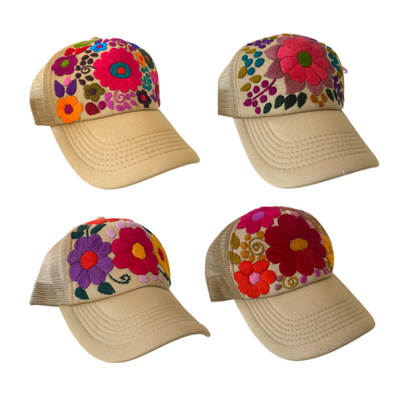 Tulum Hand Embroidered Trucker Flower Hat - Mexico-Apparel-Lumily-Beige Assorted-Lumily MZ Fair Trade Nena & Co Hiptipico Novica Lucia's World emporium