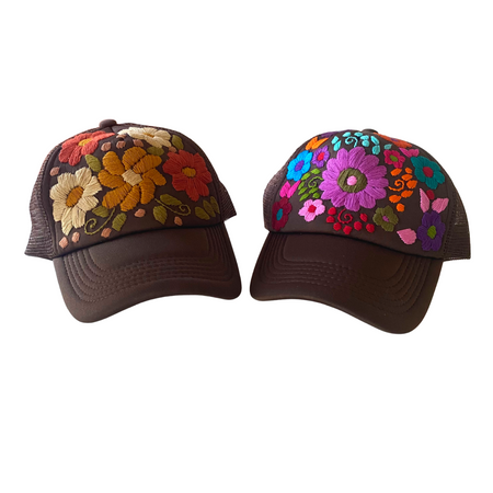 Tulum Hand Embroidered Trucker Flower Hat - Mexico-Apparel-Rebeca y Francisco (Mexico)-Brown Assorted-Lumily MZ Fair Trade Nena & Co Hiptipico Novica Lucia's World emporium