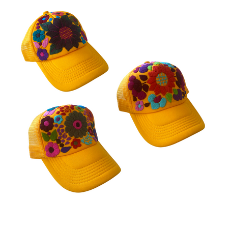 Tulum Hand Embroidered Trucker Flower Hat - Mexico-Apparel-Rebeca y Francisco (Mexico)-Yellow Assorted-Lumily MZ Fair Trade Nena & Co Hiptipico Novica Lucia's World emporium