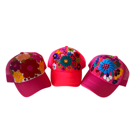 Tulum Hand Embroidered Trucker Flower Hat - Mexico-Apparel-Lumily-Pink Assorted-Lumily MZ Fair Trade Nena & Co Hiptipico Novica Lucia's World emporium