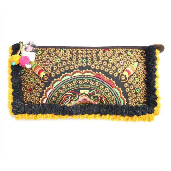 Double Pompom Embroidered Hmong Clutch - Thailand-Bags-Lumily-Gold Black-Lumily MZ Fair Trade Nena & Co Hiptipico Novica Lucia's World emporium