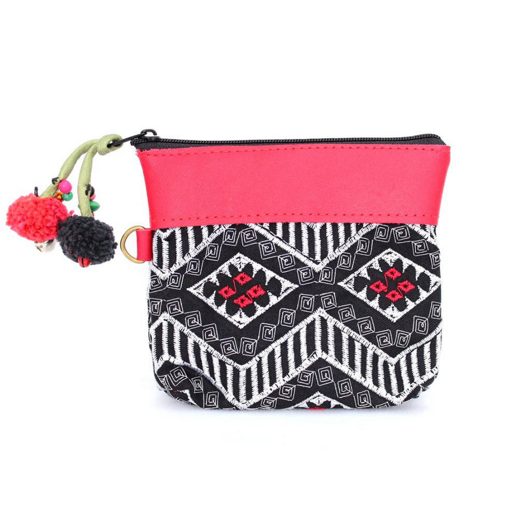 Geometric Leather Coin Purse wit Tassel - Thailand-Bags-Lumily-Red-Lumily Fair Trade Handmade
