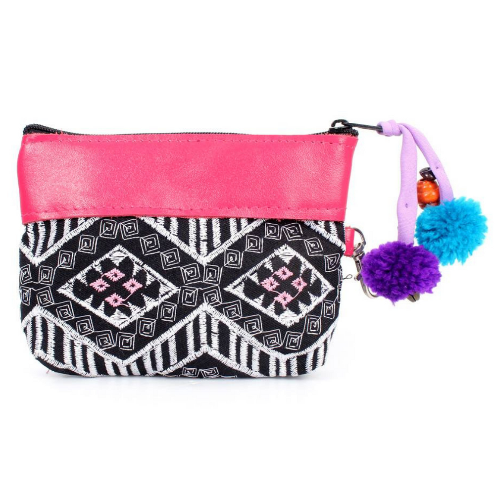 Embroidered Coin Purse Leather Trim Boho Zip Pouch Keychain Wallet Fair Trade - Thailand-Bags-Lumily-Black & Pink-Lumily MZ Fair Trade Nena & Co Hiptipico Novica Lucia's World emporium