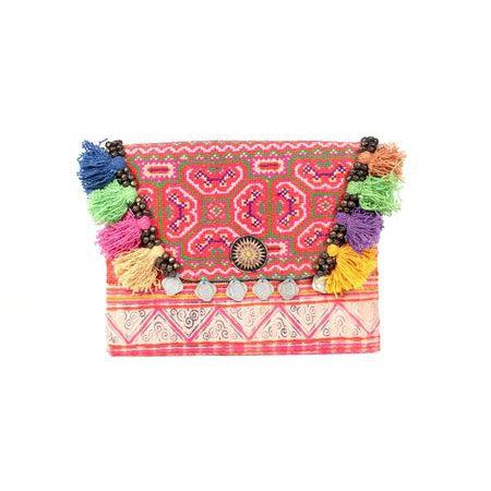 Upcycled Hmong Vintage Fabric Clutch with Tassels & Bells - Thailand-Bags-Lumily-Rectangle-Lumily MZ Fair Trade Nena & Co Hiptipico Novica Lucia's World emporium
