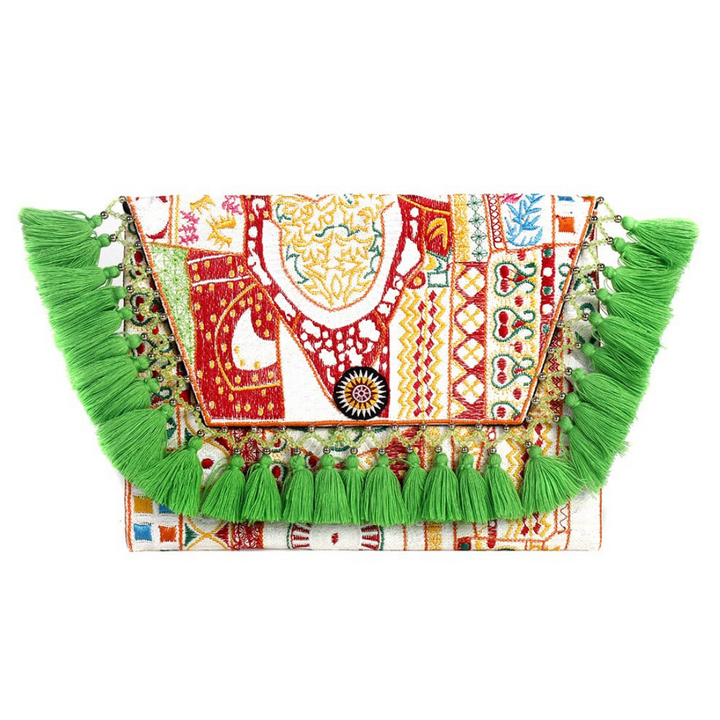 Embroidered Multi Tassel Bird Clutch Bag - Thailand-Bags-Lumily-Red & Green-Lumily MZ Fair Trade Nena & Co Hiptipico Novica Lucia's World emporium