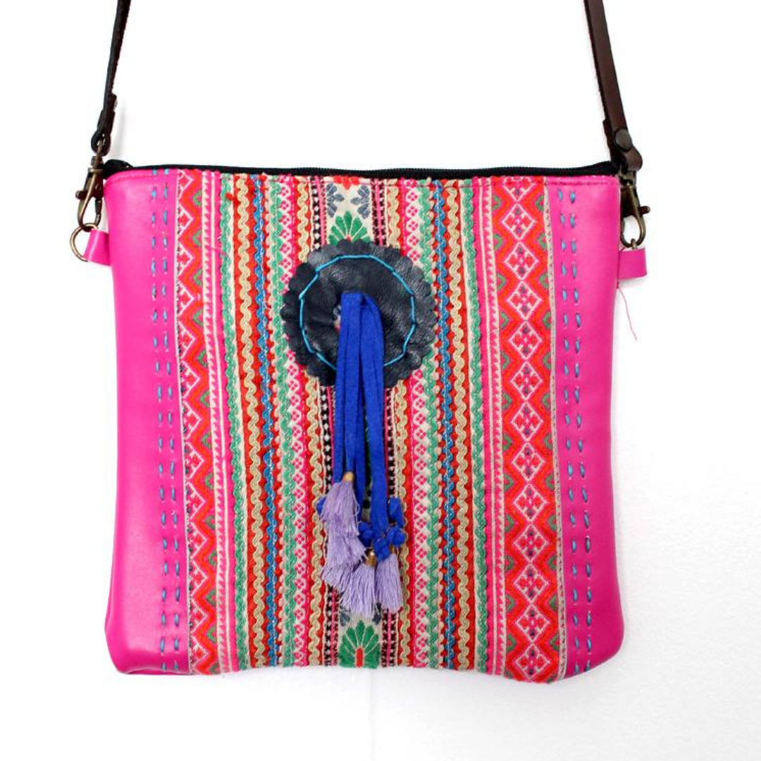 Hmong Fabric and Leather Crossbody Bag - Thailand-Bags-Lumily-Pink-Lumily MZ Fair Trade Nena & Co Hiptipico Novica Lucia's World emporium