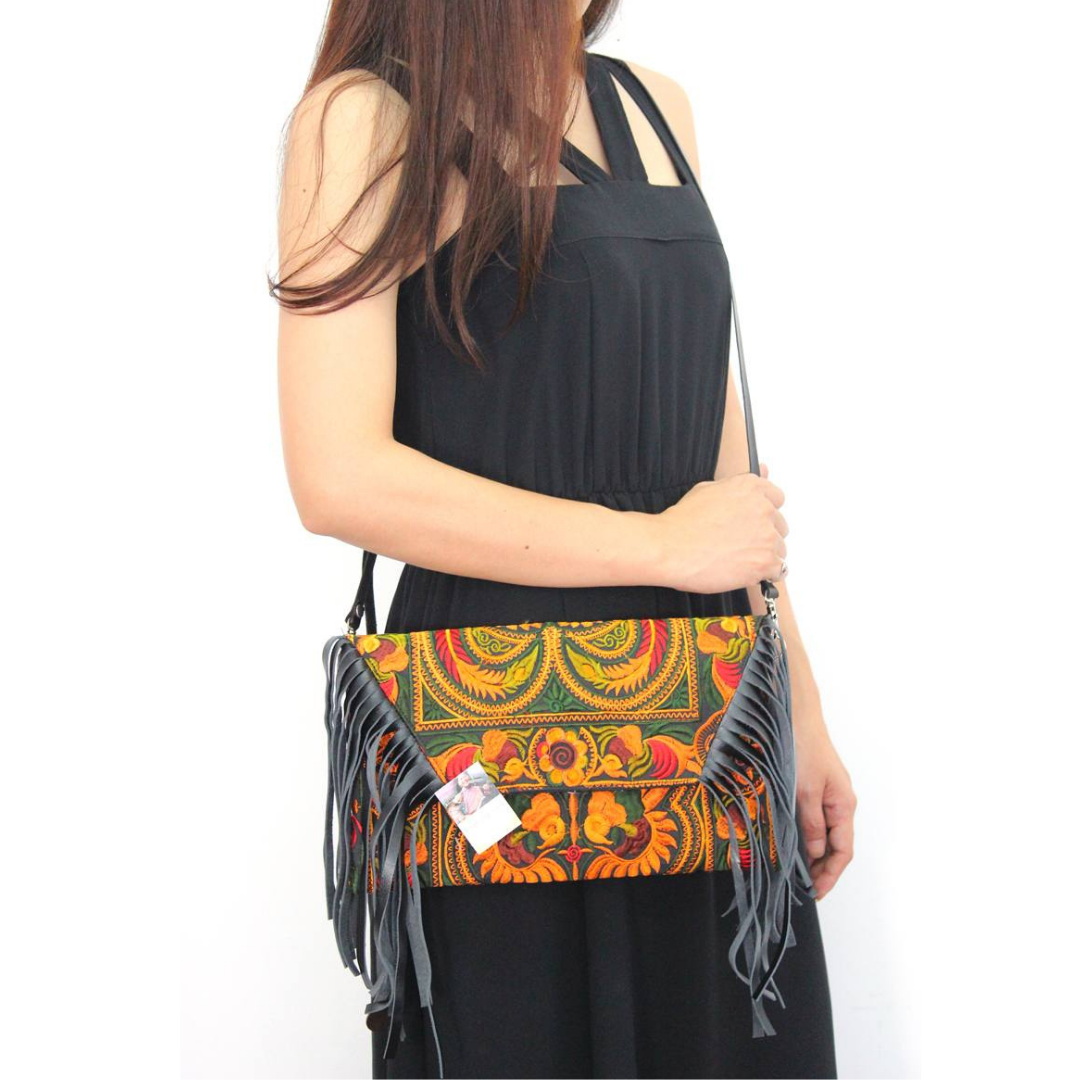 Boho Tribal Crossbody Embroidered Fringe Envelope Bag - Thailand-Bags-Lumily-Lumily MZ Fair Trade Nena & Co Hiptipico Novica Lucia's World emporium
