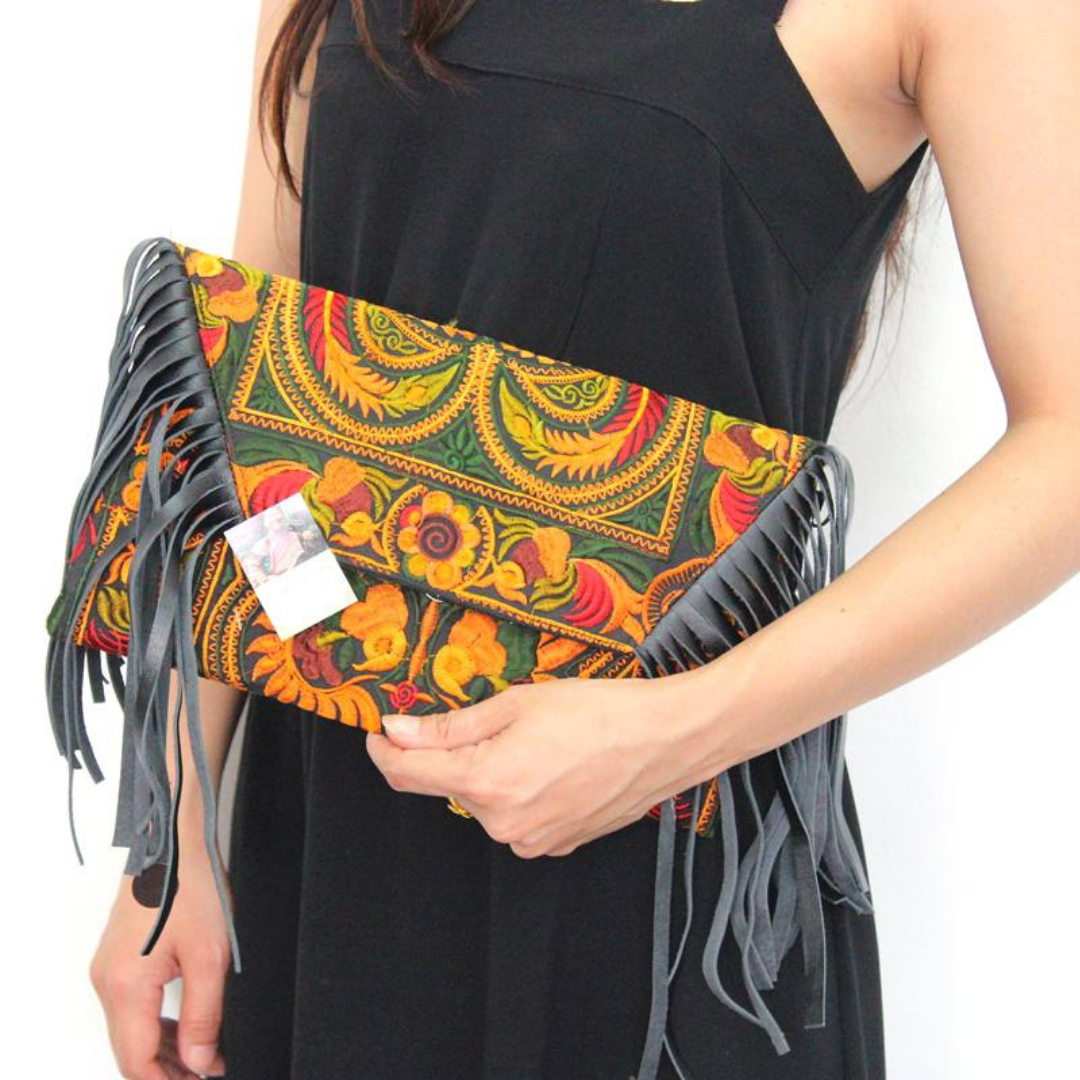 Boho Tribal Crossbody Embroidered Fringe Envelope Bag - Thailand-Bags-Lumily-Lumily MZ Fair Trade Nena & Co Hiptipico Novica Lucia's World emporium