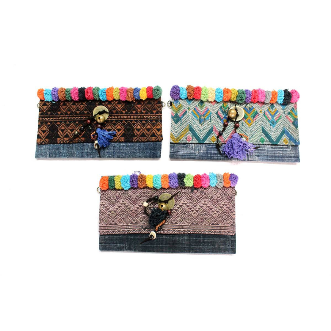 Bonita Pompom Embroidered Clutch Bag - Thailand-Bags-Lumily-Lumily MZ Fair Trade Nena & Co Hiptipico Novica Lucia's World emporium