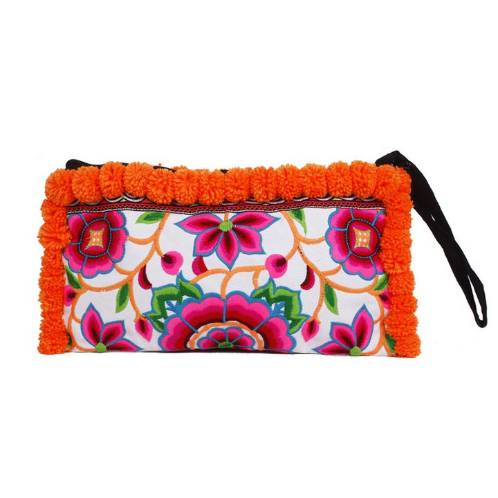 Rocio Multi-Color Pom Pom Wristlet Bag - Thailand-Bags-Lumily-Orange & White-Lumily MZ Fair Trade Nena & Co Hiptipico Novica Lucia's World emporium