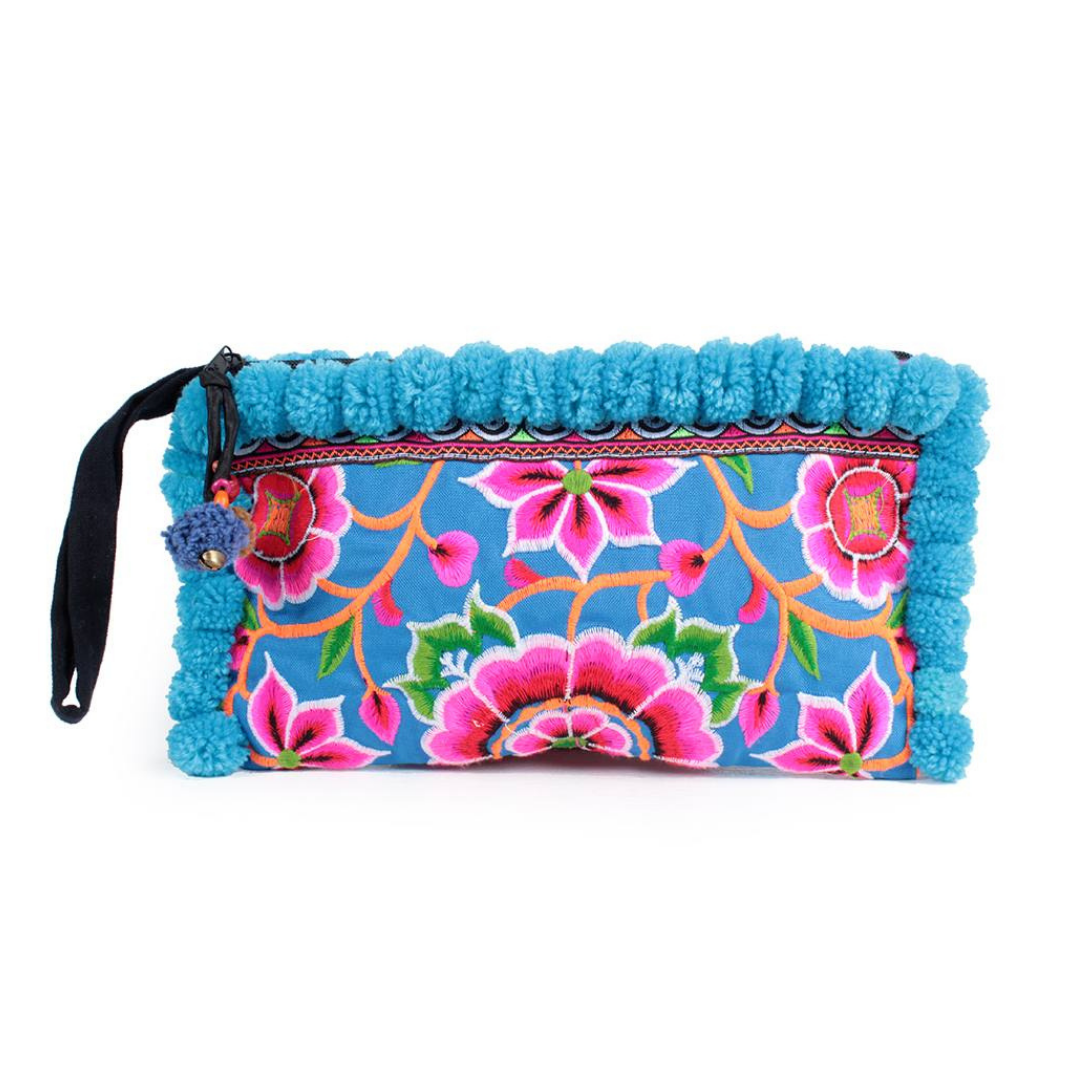 Rocio Multi-Color Pom Pom Wristlet Bag - Thailand-Bags-Lumily-Blue & Pink-Lumily MZ Fair Trade Nena & Co Hiptipico Novica Lucia's World emporium
