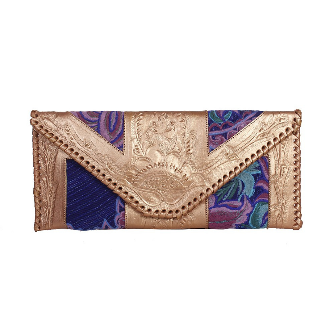 Leather Stamped Upcycled Zinacantan Clutch Bag - Mexico-Bags-Lumily-Purple & Gold-Lumily MZ Fair Trade Nena & Co Hiptipico Novica Lucia's World emporium