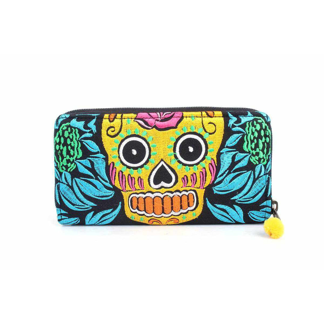Culturas Sugar Skull Embroidered Wallet - Thailand-Bags-Lumily-Blue Yellow-Lumily MZ Fair Trade Nena & Co Hiptipico Novica Lucia's World emporium