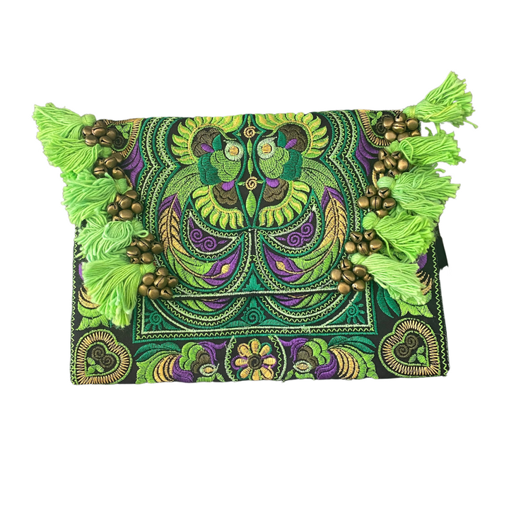 Adelita Embroidered Bird Boho Clutch iPad | Tablet Bag - Thailand-Bags-Lumily-Green-Lumily MZ Fair Trade Nena & Co Hiptipico Novica Lucia's World emporium