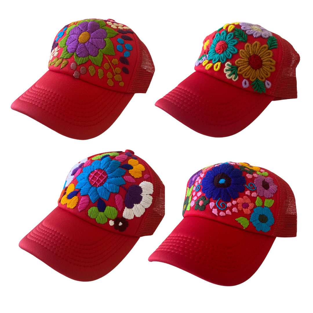 Tulum Hand Embroidered Trucker Flower Hat - Mexico-Apparel-Lumily-Red Assorted-Lumily MZ Fair Trade Nena & Co Hiptipico Novica Lucia's World emporium
