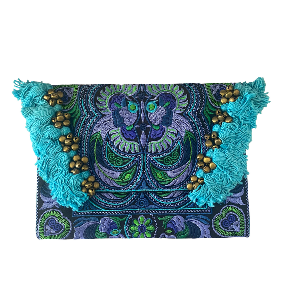 Adelita Embroidered Bird Boho Clutch iPad | Tablet Bag - Thailand-Bags-Lumily-Blue-Lumily MZ Fair Trade Nena & Co Hiptipico Novica Lucia's World emporium