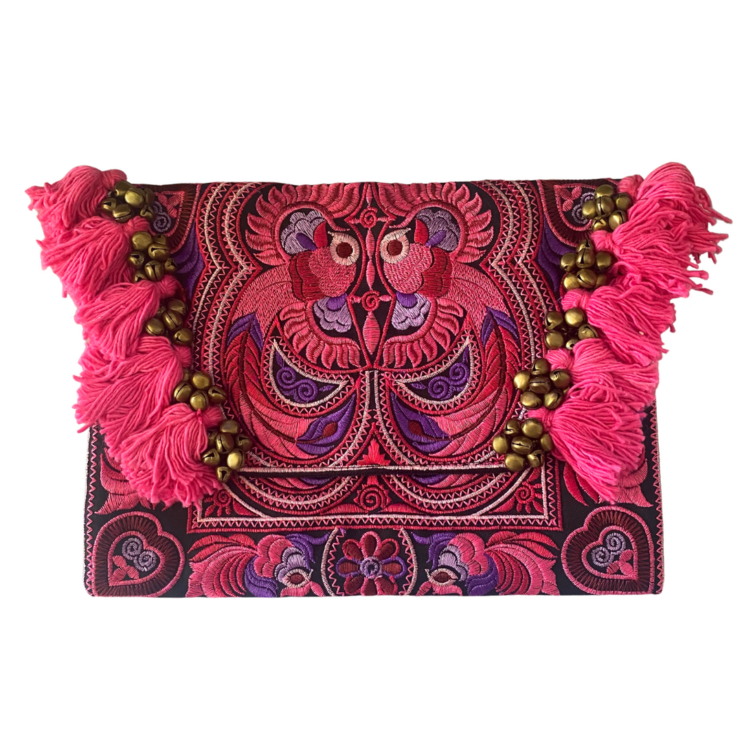 Adelita Embroidered Bird Boho Clutch iPad | Tablet Bag - Thailand-Bags-Lumily-Pink-Lumily MZ Fair Trade Nena & Co Hiptipico Novica Lucia's World emporium