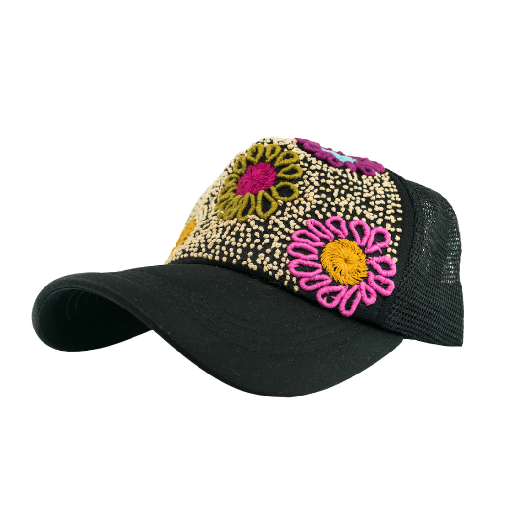 Tulum Hand Embroidered Trucker Flower Hat - Mexico-Apparel-Lumily-Black-Lumily MZ Fair Trade Nena & Co Hiptipico Novica Lucia's World emporium