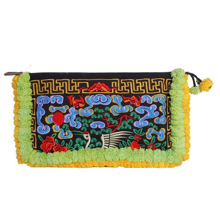 Double Pompom Embroidered Hmong Clutch - Thailand-Bags-Lumily-Green Blue-Lumily MZ Fair Trade Nena & Co Hiptipico Novica Lucia's World emporium