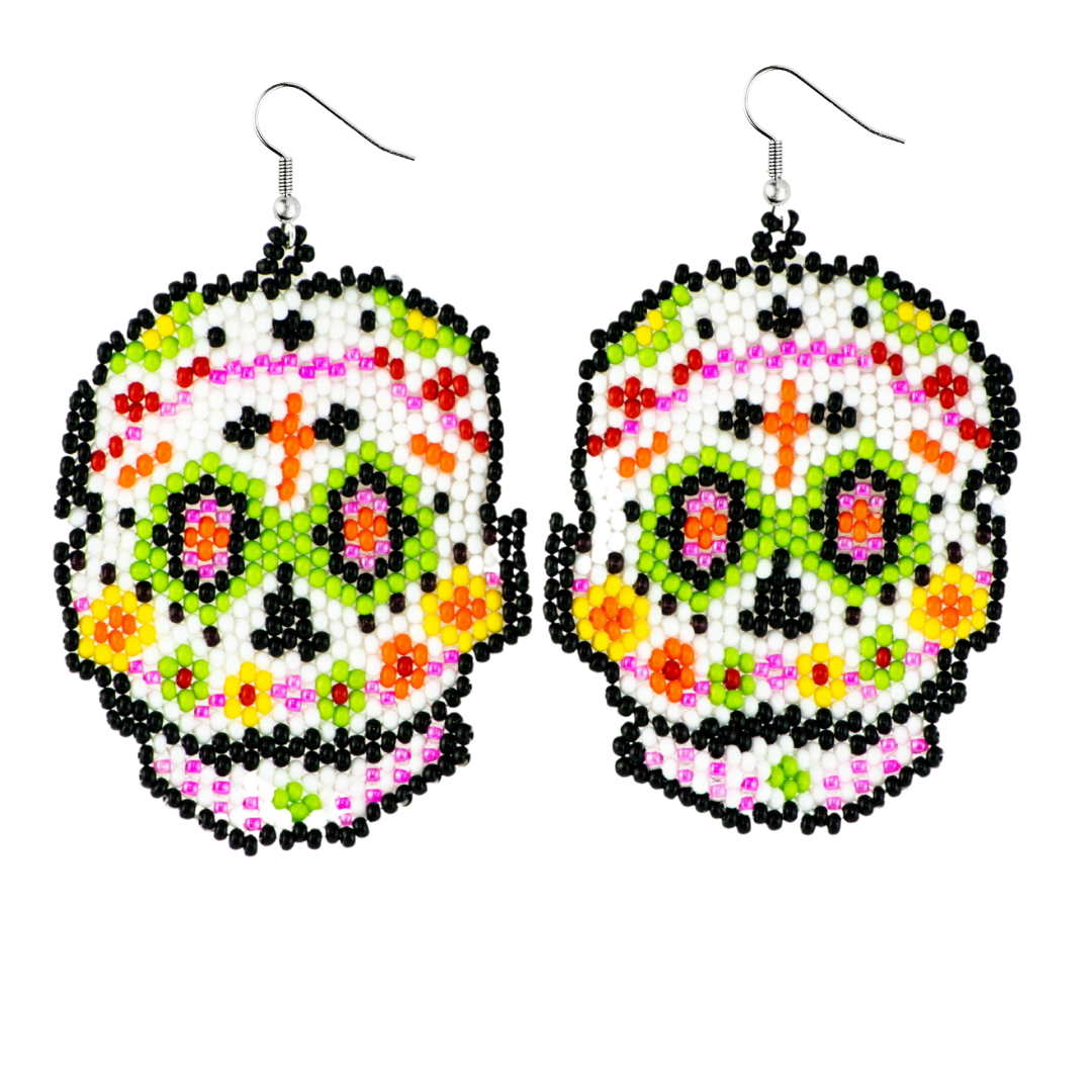 Sugar Skull Seed Bead Earrings - Guatemala-Jewelry-David (GU)-Lumily MZ Fair Trade Nena & Co Hiptipico Novica Lucia's World emporium