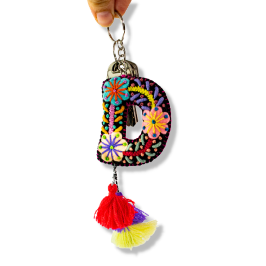 Alphabet Letter Embroidered Boho Keychain | Bag Charm - Mexico-Keychains-Lumily-Letter (D)-Lumily MZ Fair Trade Nena & Co Hiptipico Novica Lucia's World emporium