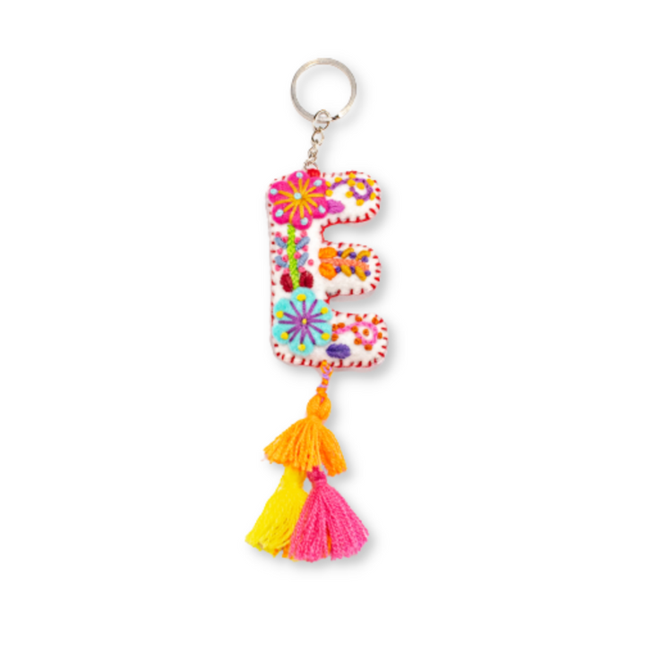 Alphabet Letter Embroidered Boho Keychain | Bag Charm - Mexico-Keychains-Lumily-Letter (E)-Lumily MZ Fair Trade Nena & Co Hiptipico Novica Lucia's World emporium