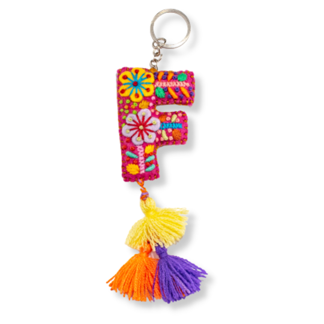 Alphabet Letter Embroidered Boho Keychain | Bag Charm - Mexico-Keychains-Lumily-Letter (F)-Lumily MZ Fair Trade Nena & Co Hiptipico Novica Lucia's World emporium