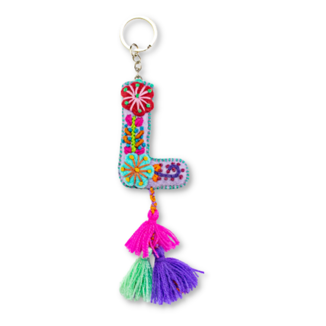 Alphabet Letter Embroidered Boho Keychain | Bag Charm - Mexico-Keychains-Lumily-Letter (L)-Lumily MZ Fair Trade Nena & Co Hiptipico Novica Lucia's World emporium