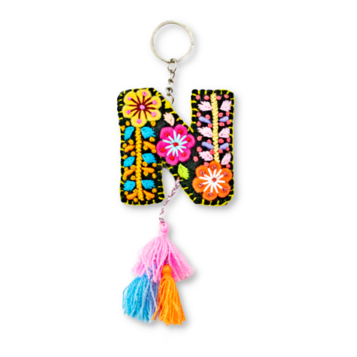 Alphabet Letter Embroidered Boho Keychain | Bag Charm - Mexico-Keychains-Lumily-Letter (N)-Lumily MZ Fair Trade Nena & Co Hiptipico Novica Lucia's World emporium