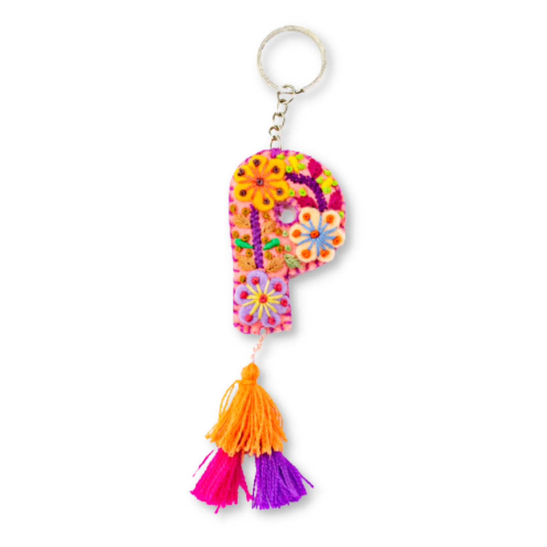 Alphabet Letter Embroidered Boho Keychain | Bag Charm - Mexico-Keychains-Lumily-Letter (P)-Lumily MZ Fair Trade Nena & Co Hiptipico Novica Lucia's World emporium