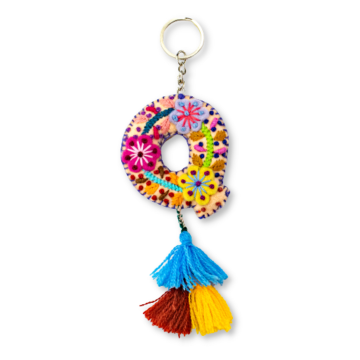 Alphabet Letter Embroidered Boho Keychain | Bag Charm - Mexico-Keychains-Lumily-Letter (Q)-Lumily MZ Fair Trade Nena & Co Hiptipico Novica Lucia's World emporium
