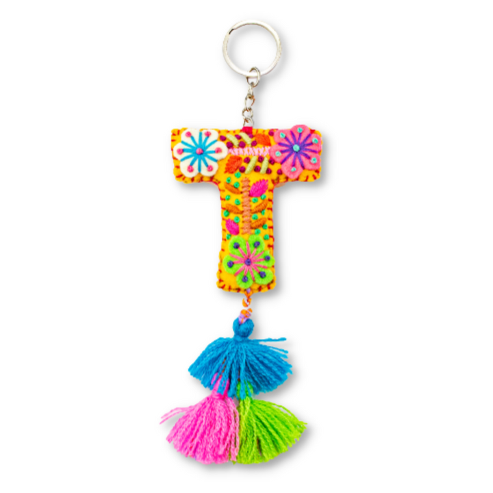 Alphabet Letter Embroidered Boho Keychain | Bag Charm - Mexico-Keychains-Lumily-Letter (T)-Lumily MZ Fair Trade Nena & Co Hiptipico Novica Lucia's World emporium