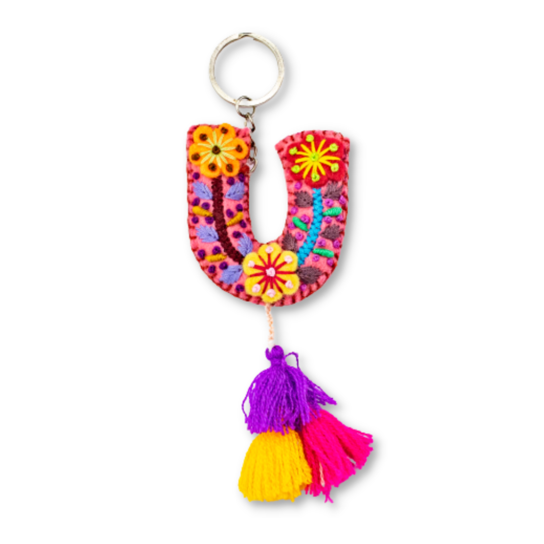 Alphabet Letter Embroidered Boho Keychain | Bag Charm - Mexico-Keychains-Lumily-Letter (U)-Lumily MZ Fair Trade Nena & Co Hiptipico Novica Lucia's World emporium