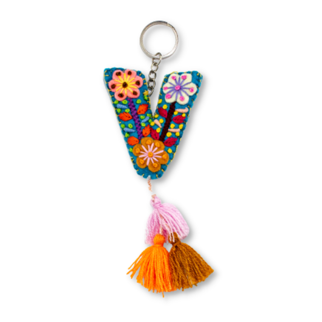 Alphabet Letter Embroidered Boho Keychain | Bag Charm - Mexico-Keychains-Lumily-Letter (V)-Lumily MZ Fair Trade Nena & Co Hiptipico Novica Lucia's World emporium