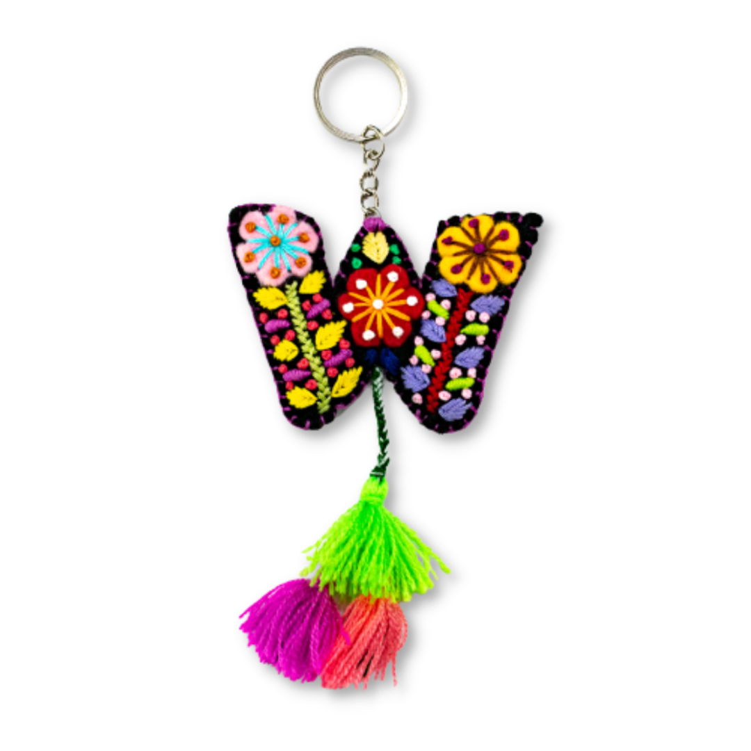 Alphabet Letter Embroidered Boho Keychain | Bag Charm - Mexico-Keychains-Lumily-Letter (W)-Lumily MZ Fair Trade Nena & Co Hiptipico Novica Lucia's World emporium