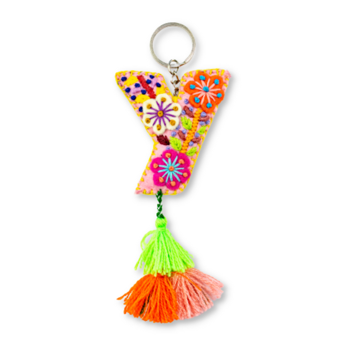 Alphabet Letter Embroidered Boho Keychain | Bag Charm - Mexico-Keychains-Lumily-Letter (Y)-Lumily MZ Fair Trade Nena & Co Hiptipico Novica Lucia's World emporium