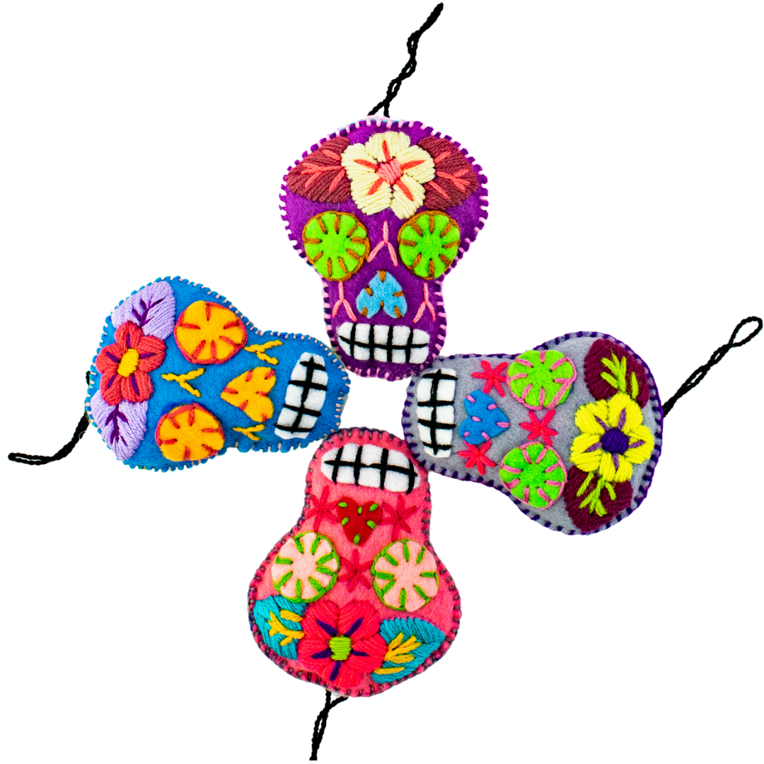 Hand-Embroidered Sugar Skull Ornament - Mexico-Decor-Lumily-Lumily MZ Fair Trade Nena & Co Hiptipico Novica Lucia's World emporium