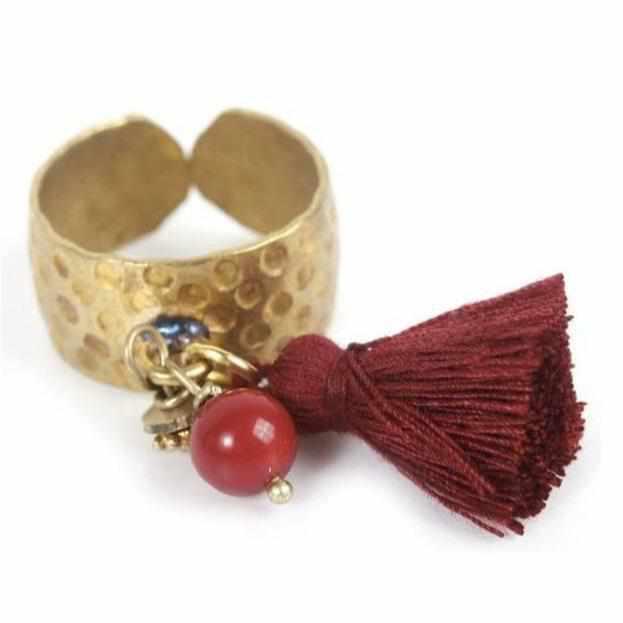 Aneesa Tassel Brass Adjustable Ring - Thailand-Jewelry-Lumily-Maroon-Lumily MZ Fair Trade Nena & Co Hiptipico Novica Lucia's World emporium