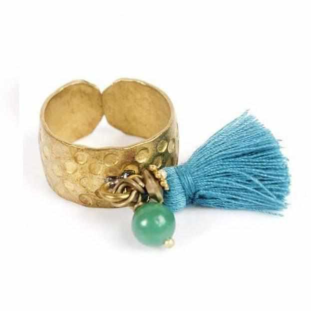 Aneesa Tassel Brass Adjustable Ring - Thailand-Jewelry-Lumily-Turquoise-Lumily MZ Fair Trade Nena & Co Hiptipico Novica Lucia's World emporium