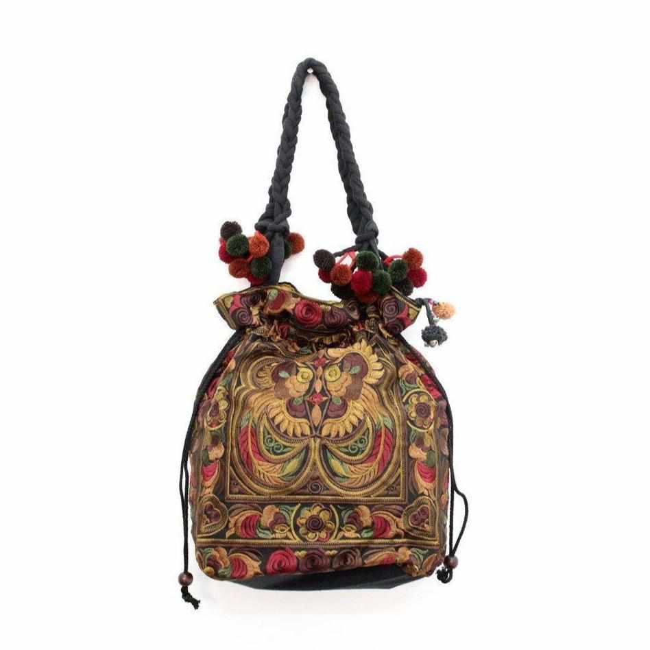 Cinch Hmong Embroidered Shoulder Purse - Thailand-Bags-Lumily-Mocha-Lumily MZ Fair Trade Nena & Co Hiptipico Novica Lucia's World emporium