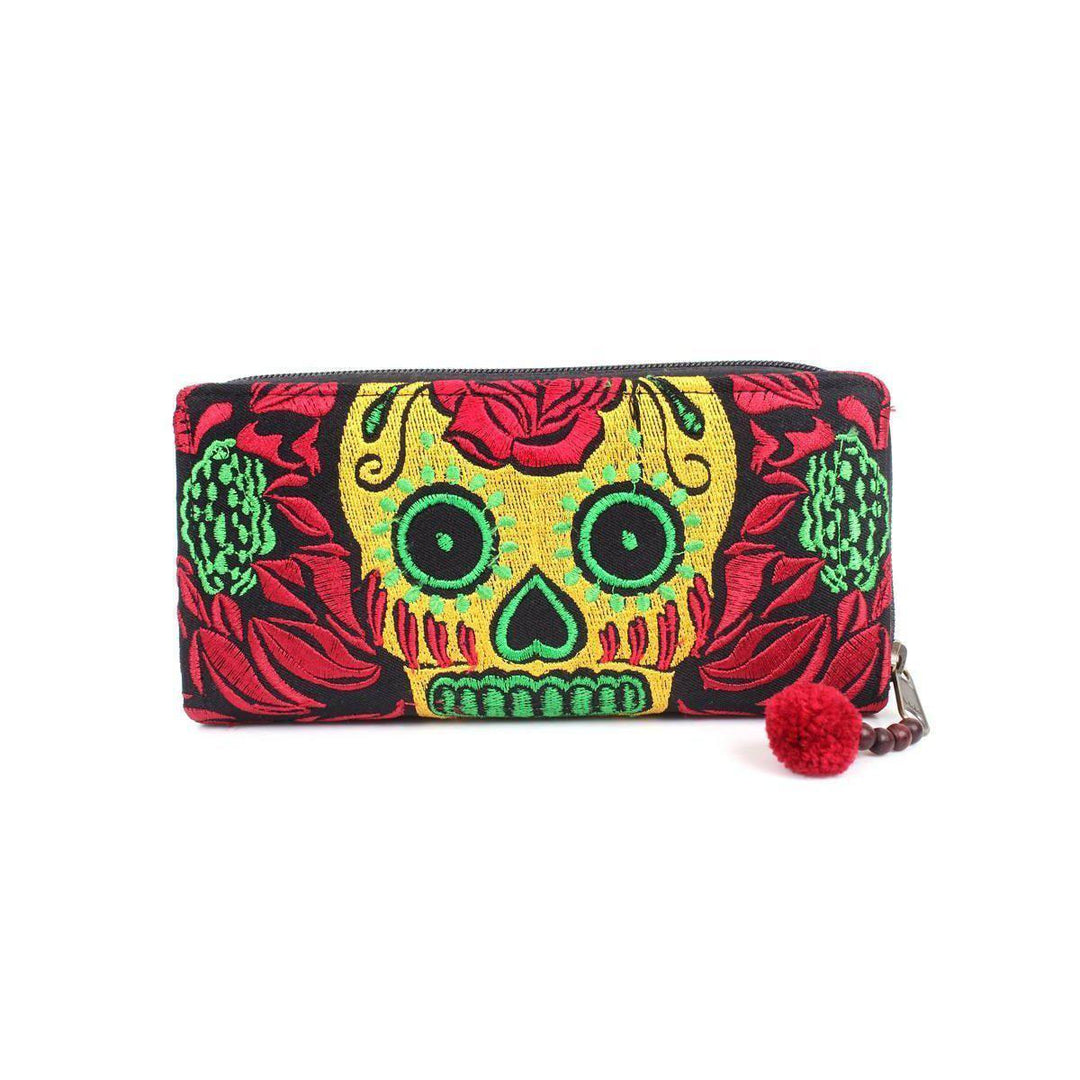 Culturas Sugar Skull Embroidered Wallet - Thailand-Bags-Lumily-Red-Lumily MZ Fair Trade Nena & Co Hiptipico Novica Lucia's World emporium