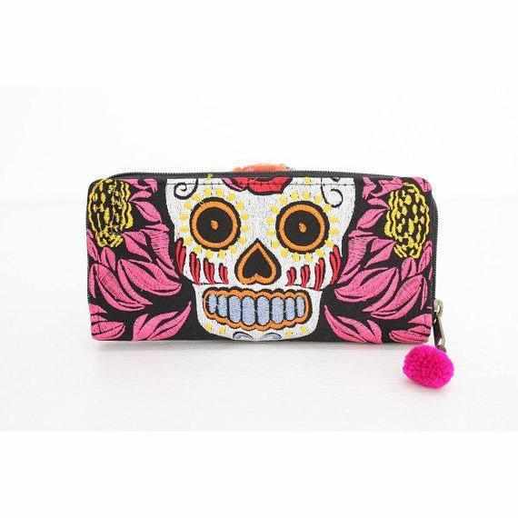 Culturas Sugar Skull Embroidered Wallet - Thailand-Bags-Lumily-Pink White-Lumily MZ Fair Trade Nena & Co Hiptipico Novica Lucia's World emporium