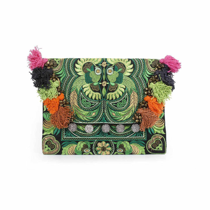 Embroidered Multi Tassel Clutch Bag | IPad Case - Thailand-Bags-Lumily-Green-Lumily MZ Fair Trade Nena & Co Hiptipico Novica Lucia's World emporium