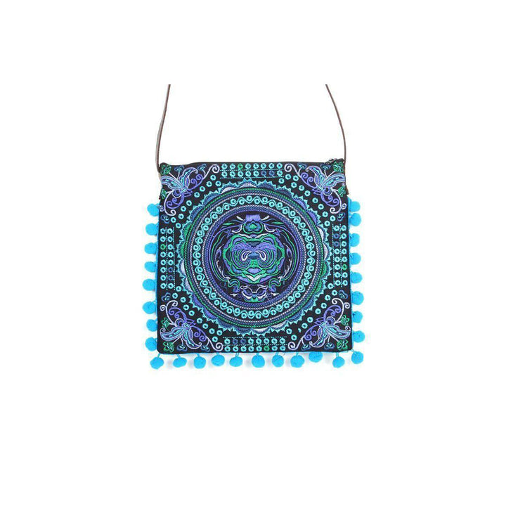 Embroidery Sling Crossbody Bag With Pompoms - Thailand-Bags-Lumily-Blue-Lumily MZ Fair Trade Nena & Co Hiptipico Novica Lucia's World emporium